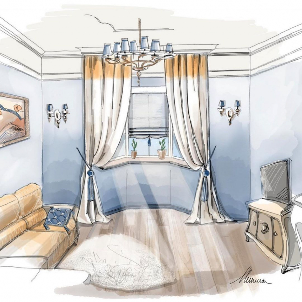 эскиз голубой комнаты со светлыми шторами с оранжевой отделкой.jpg