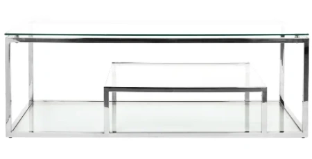Журнальный столик стеклянный с полкой и каркасом хром 130 см