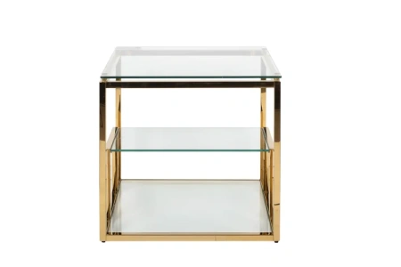 Приставной столик стеклянный с полкой и золотым каркасом 60 см