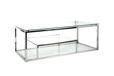 Журнальный столик стеклянный с полкой и каркасом хром 130 см